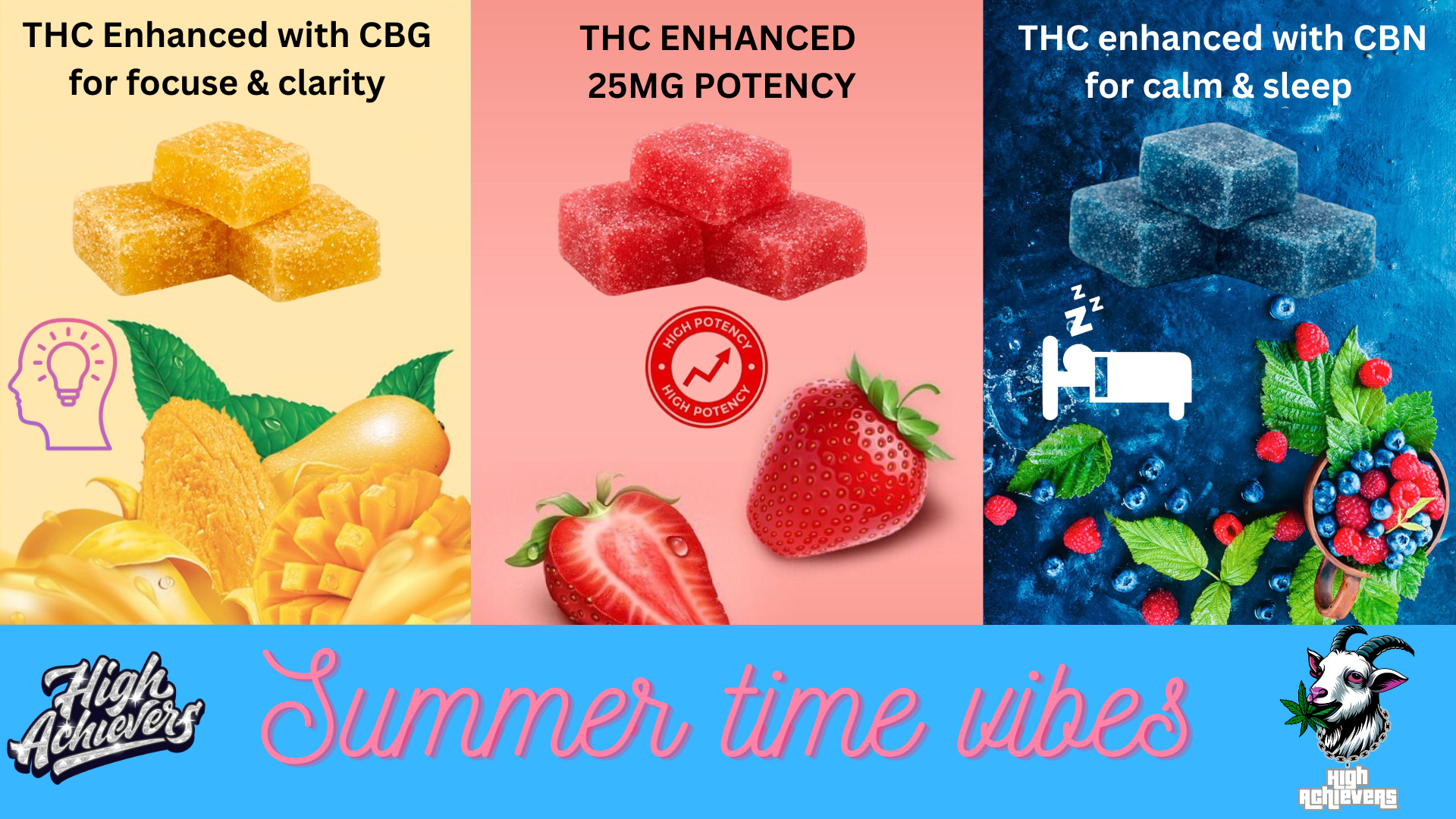 Summer Time Vibes — THC gummies enhanced with CBG for focus, 25mg potency, and CBN for calm & sleep